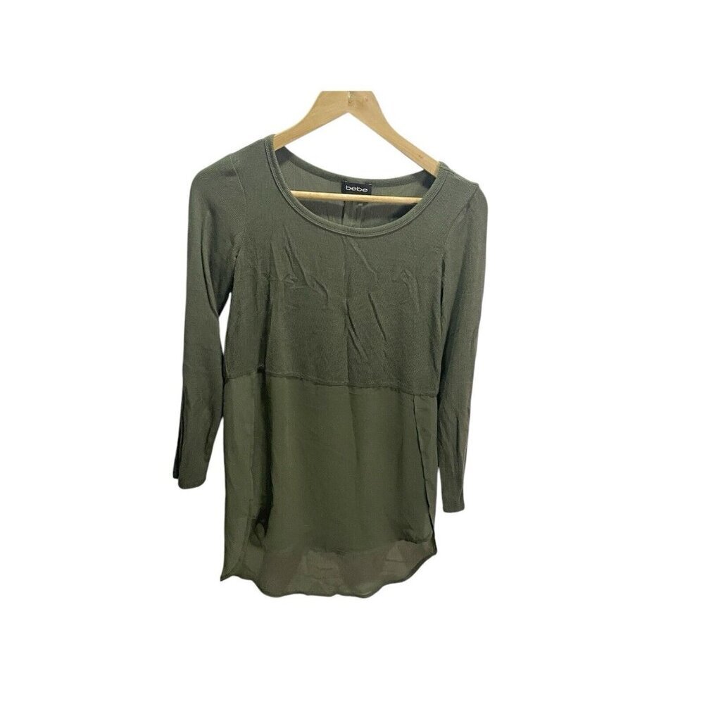 Bebe Tunic Blouse Green XS Half-Sheer Tummy Rib Mix Chiffon Stretch Y2K